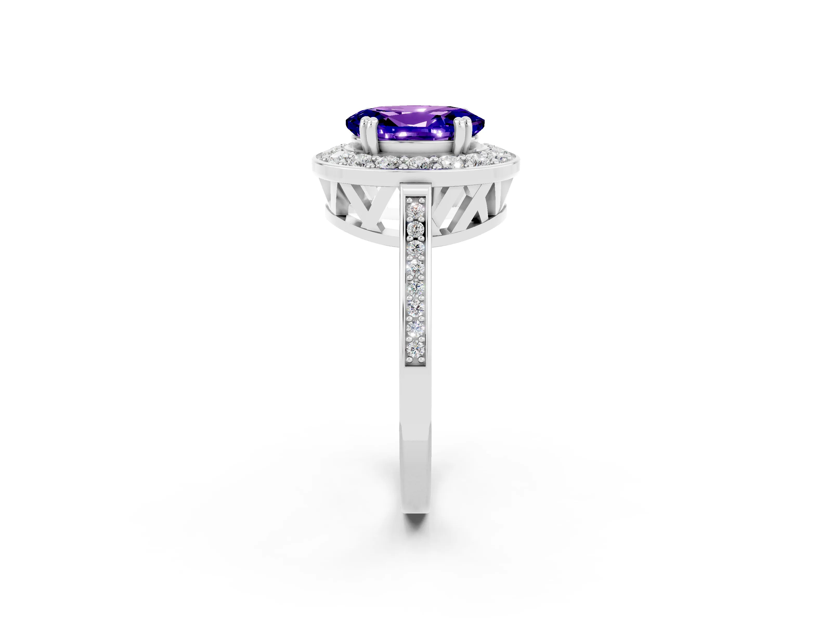 White gold Oval Cut Tanzanite Halo Ring with Split Shank and Four-Prong Setting_2