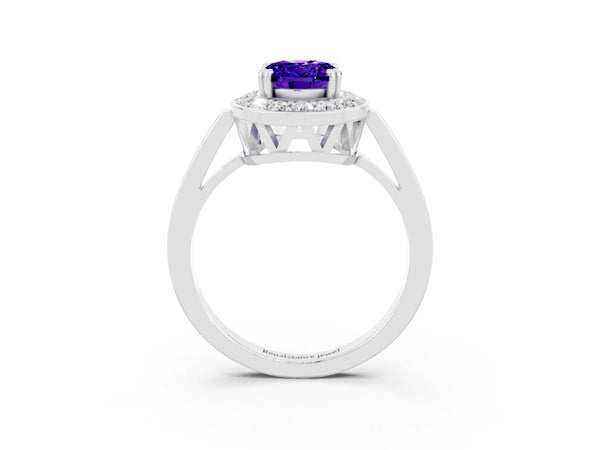 Silver Oval Cut Tanzanite Halo Ring with Split Shank and Four-Prong Setting
