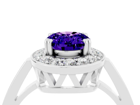 White gold Oval Cut Tanzanite Halo Ring with Split Shank and Four-Prong Setting_4