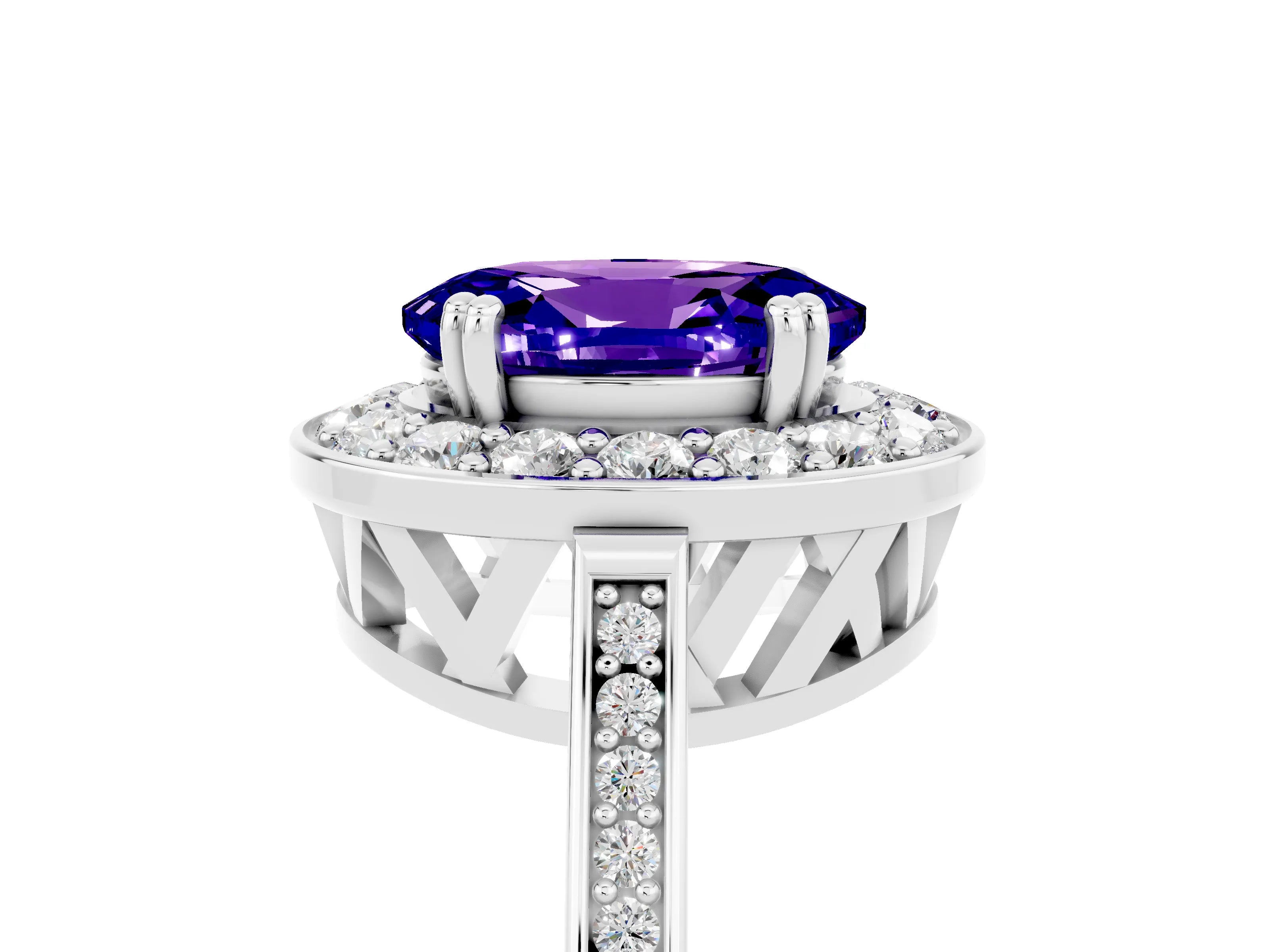 White gold Oval Cut Tanzanite Halo Ring with Split Shank and Four-Prong Setting_5