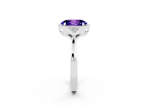 Platinum Oval Cut Tanzanite Halo Ring with Tapered Band and Four-Prong Setting