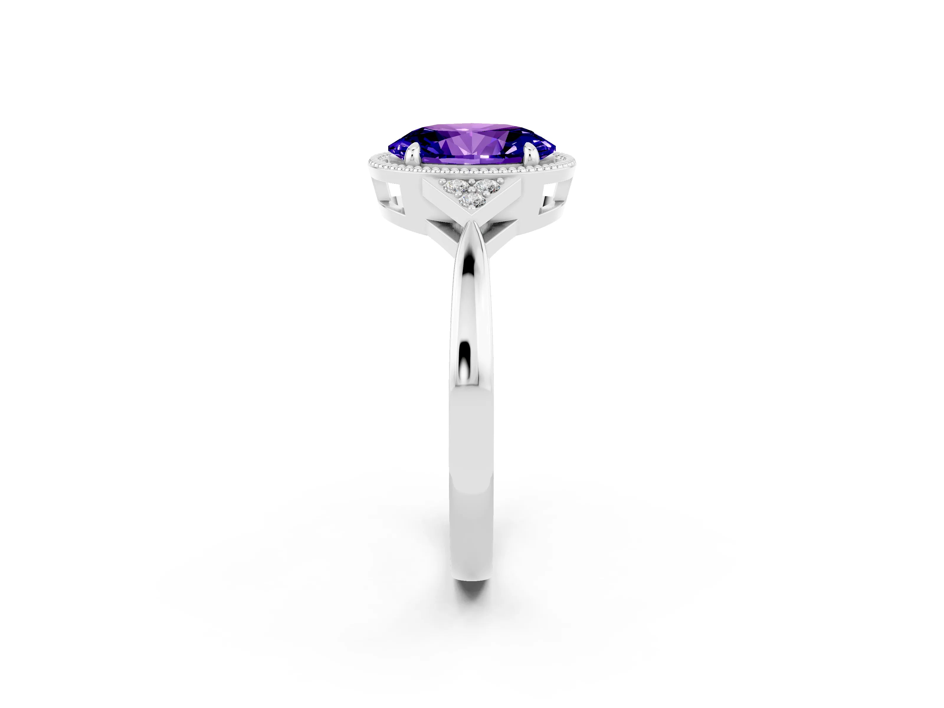White gold Oval Cut Tanzanite Halo Ring with Tapered Band and Four-Prong Setting_2