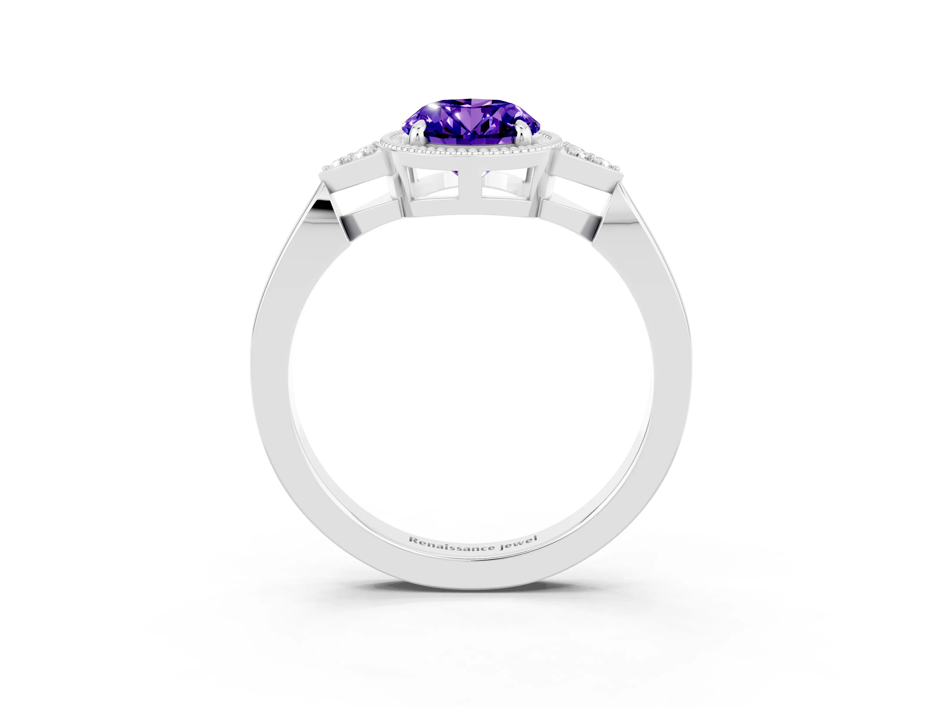 White gold Oval Cut Tanzanite Halo Ring with Tapered Band and Four-Prong Setting_3