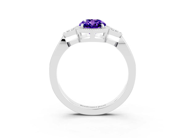 White gold Oval Cut Tanzanite Halo Ring with Tapered Band and Four-Prong Setting