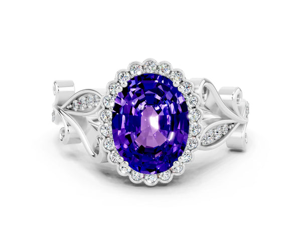 Silver Oval Cut Tanzanite Halo Ring with Vintage Split Shank and Four-Prong Setting