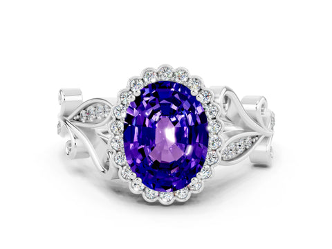 White gold Oval Cut Tanzanite Halo Ring with Vintage Split Shank and Four-Prong Setting_24
