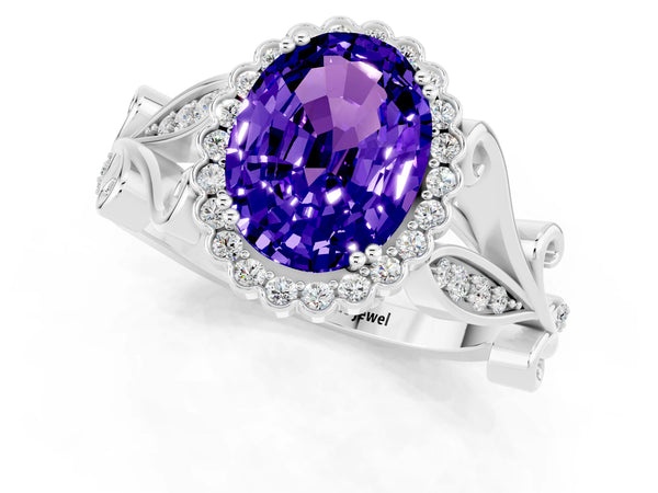 Silver Oval Cut Tanzanite Halo Ring with Vintage Split Shank and Four-Prong Setting
