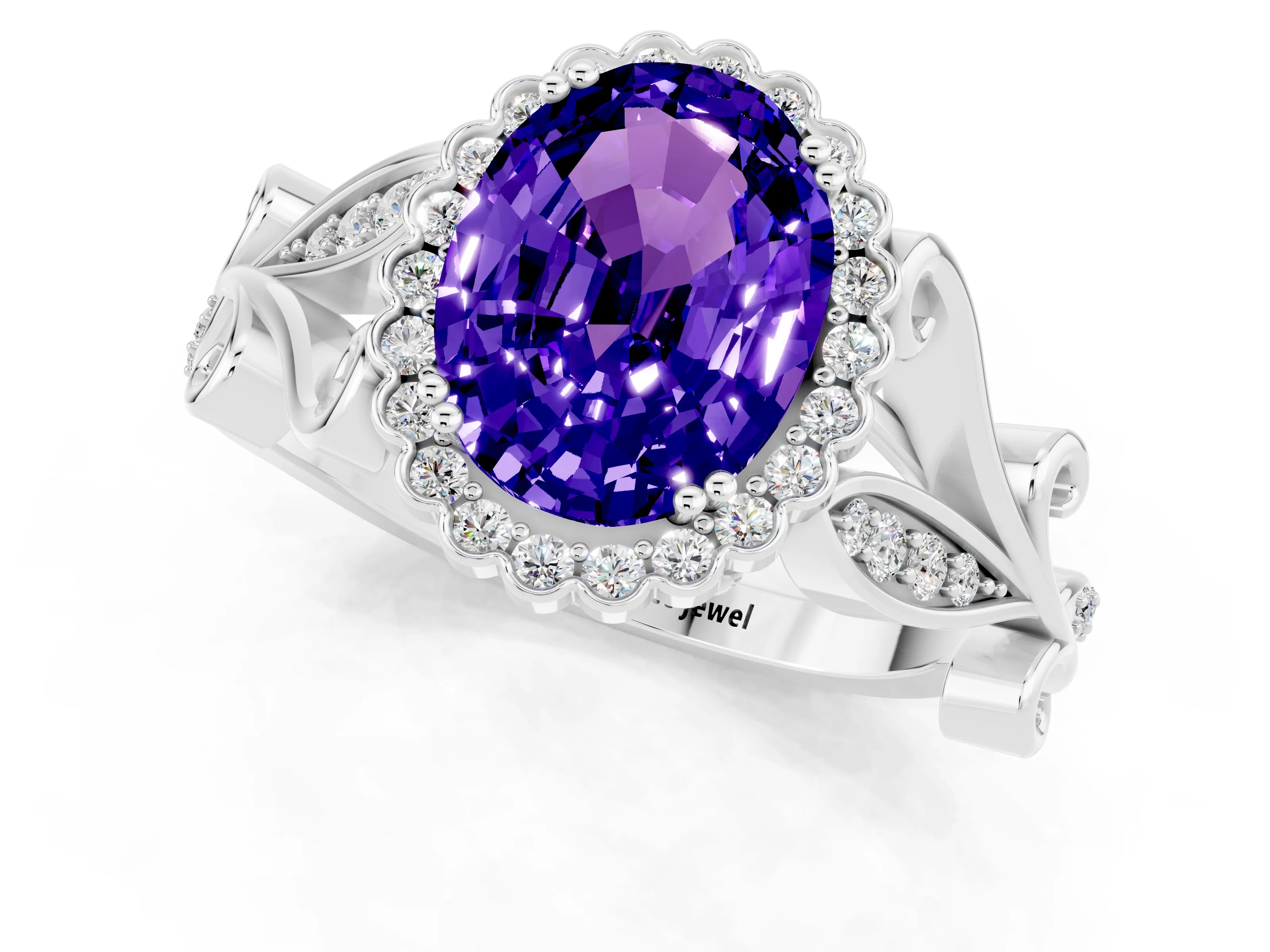 White gold Oval Cut Tanzanite Halo Ring with Vintage Split Shank and Four-Prong Setting_25