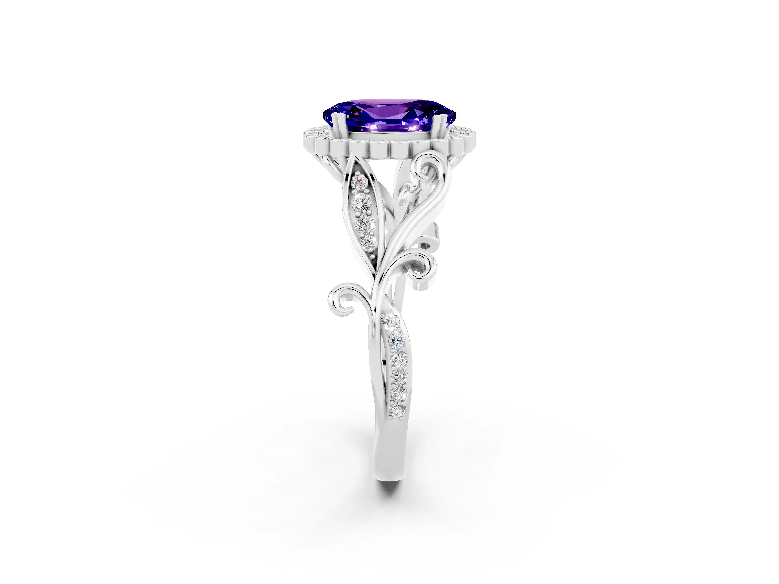White gold Oval Cut Tanzanite Halo Ring with Vintage Split Shank and Four-Prong Setting_26