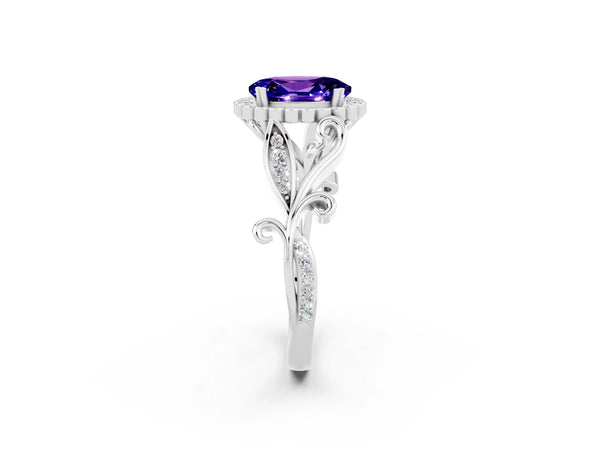 Platinum Oval Cut Tanzanite Halo Ring with Vintage Split Shank and Four-Prong Setting