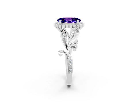 White gold Oval Cut Tanzanite Halo Ring with Vintage Split Shank and Four-Prong Setting_26