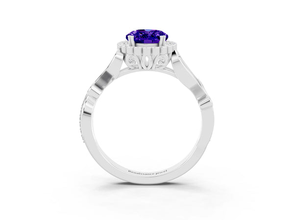 Platinum Oval Cut Tanzanite Halo Ring with Vintage Split Shank and Four-Prong Setting