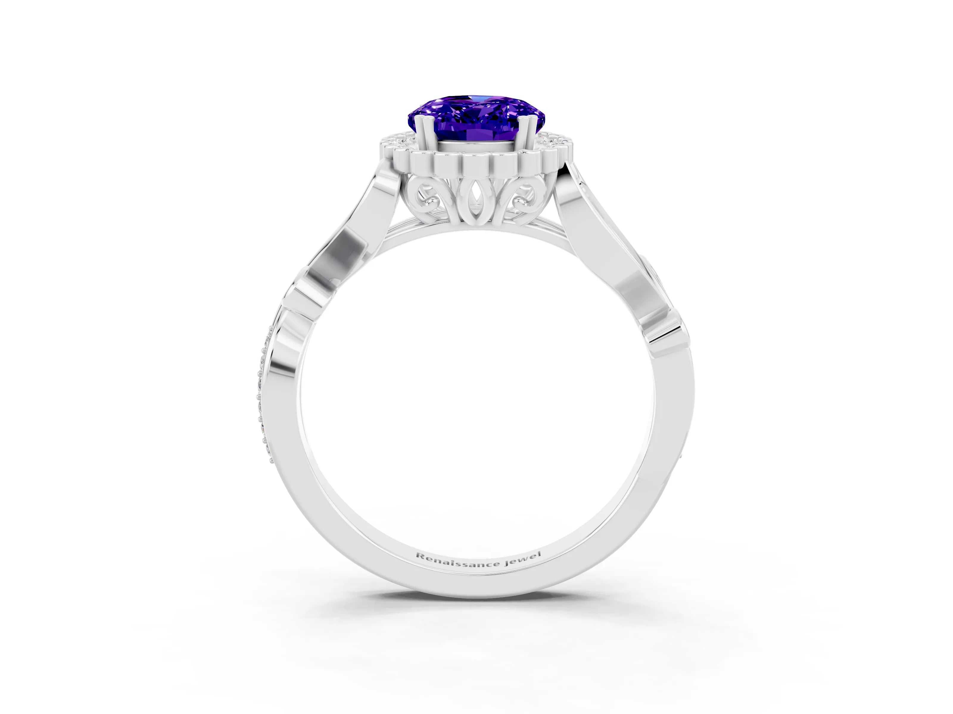 White gold Oval Cut Tanzanite Halo Ring with Vintage Split Shank and Four-Prong Setting_27