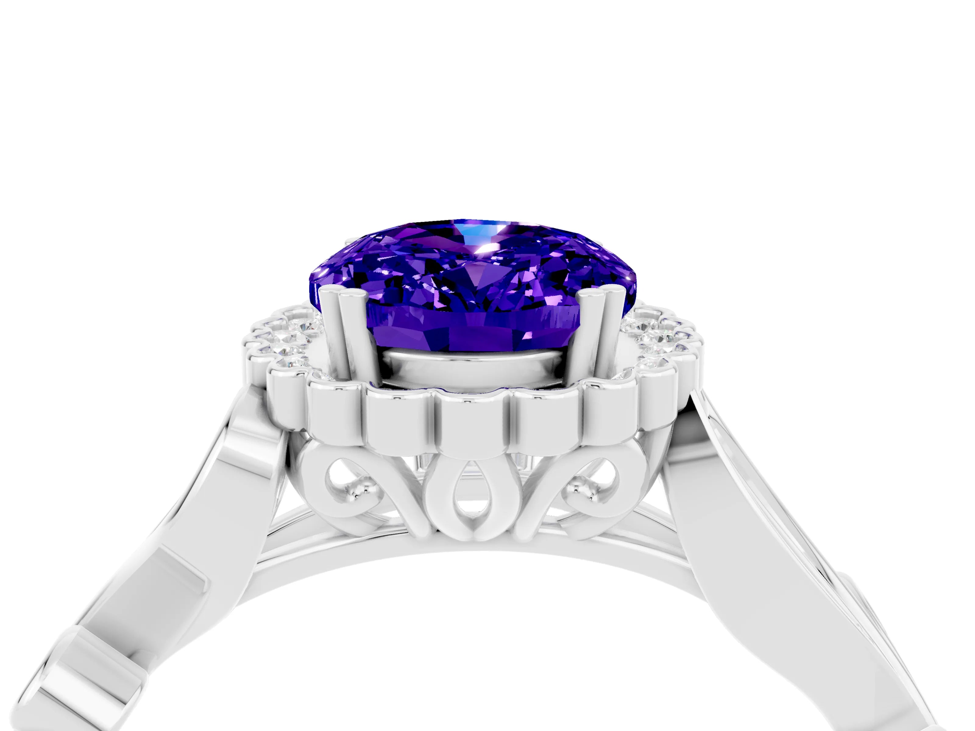 White gold Oval Cut Tanzanite Halo Ring with Vintage Split Shank and Four-Prong Setting_28