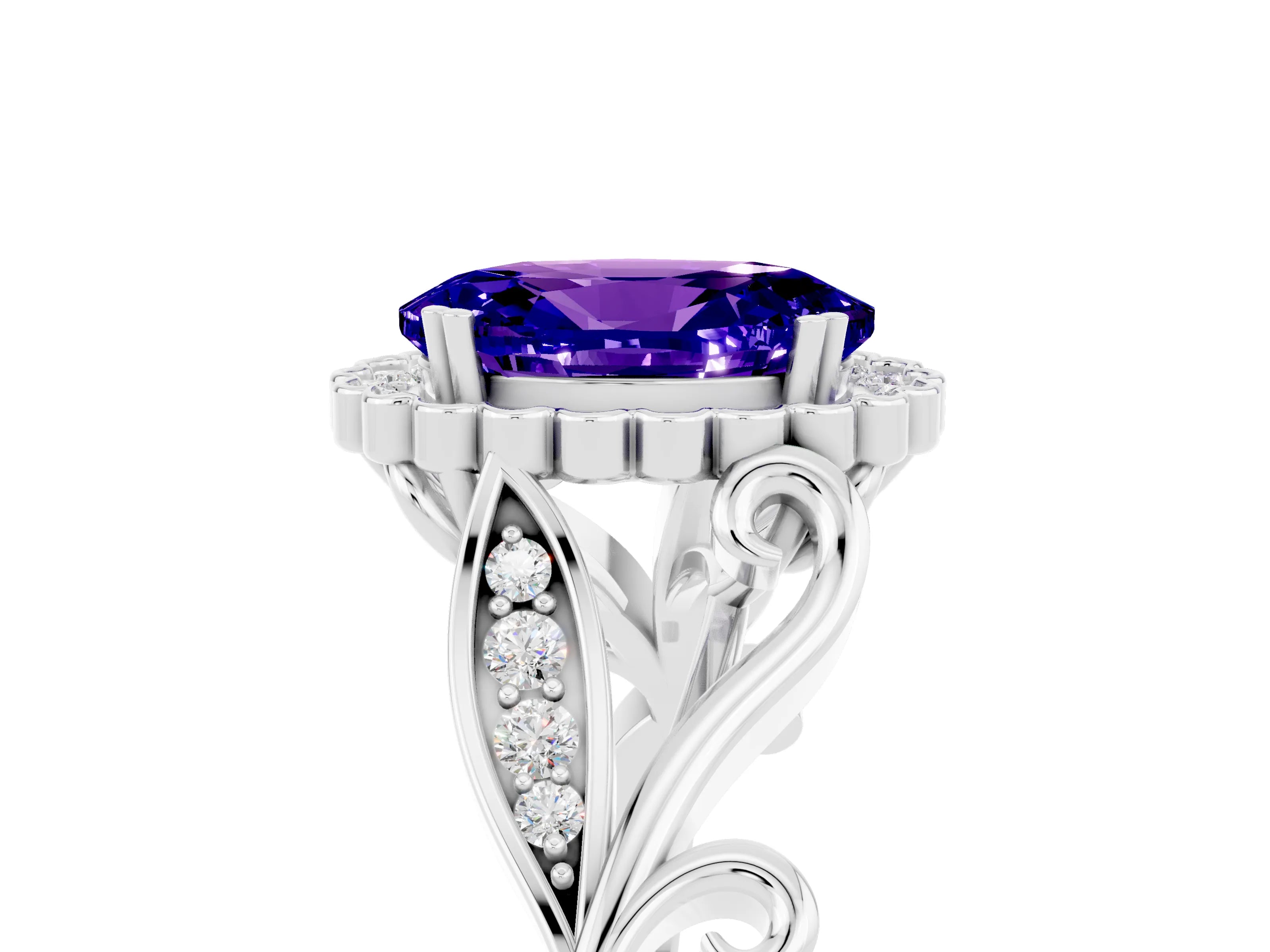 White gold Oval Cut Tanzanite Halo Ring with Vintage Split Shank and Four-Prong Setting_29
