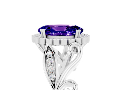 White gold Oval Cut Tanzanite Halo Ring with Vintage Split Shank and Four-Prong Setting_29
