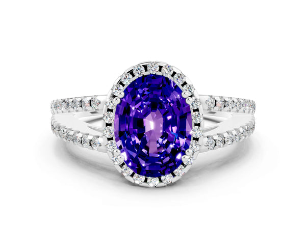 White gold Oval Cut Tanzanite Halo Split Shank Engagement Ring