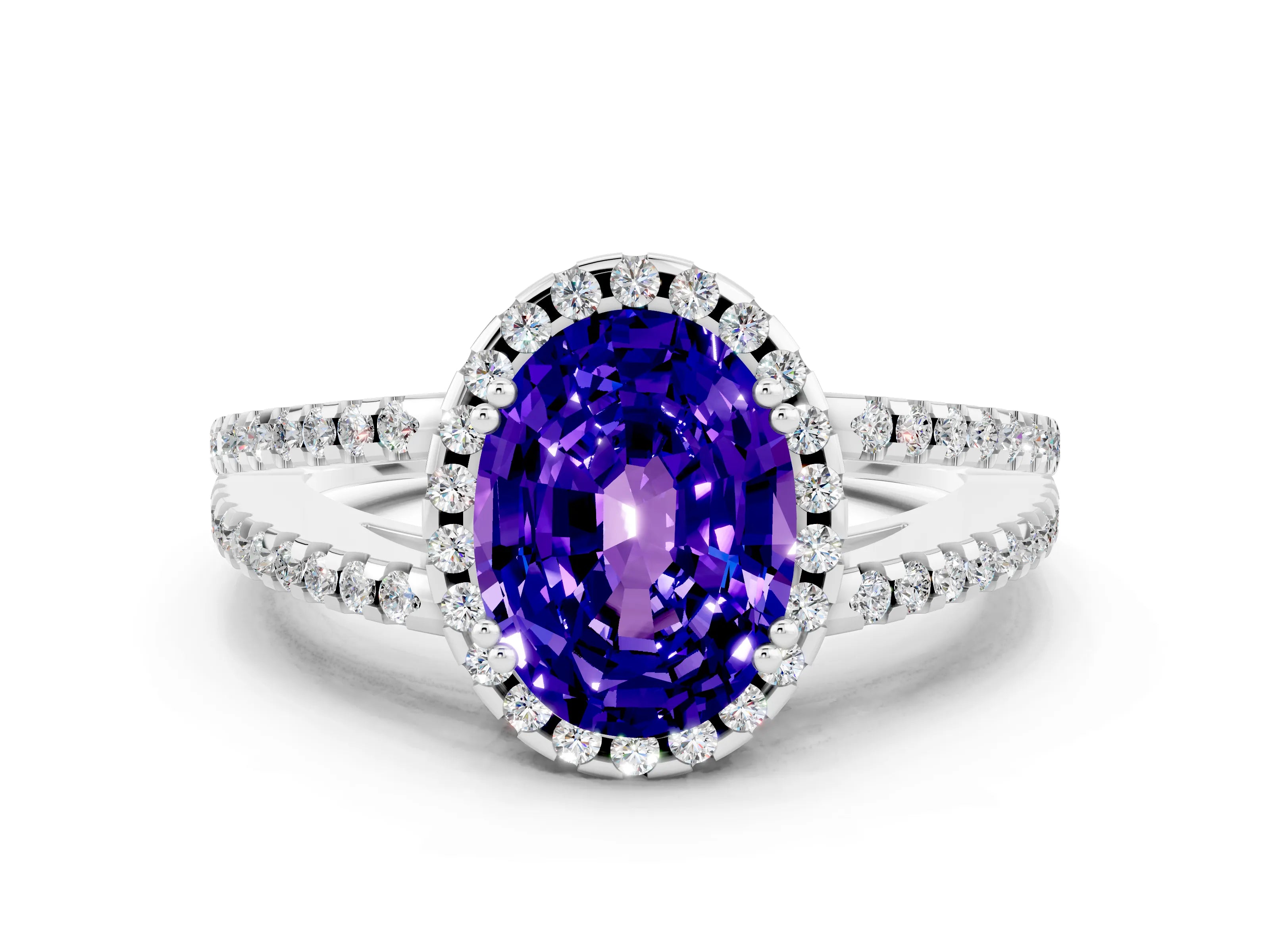 White gold Oval Cut Tanzanite Halo Split Shank Engagement Ring_12