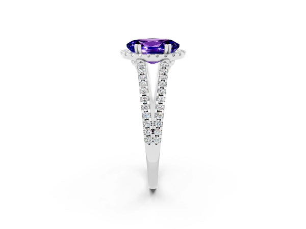 Platinum Oval Cut Tanzanite Halo Split Shank Engagement Ring