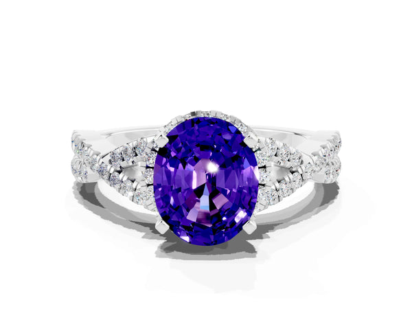 White gold Oval Cut Tanzanite  Halo Twist Band Solitaire Prong Setting Ring