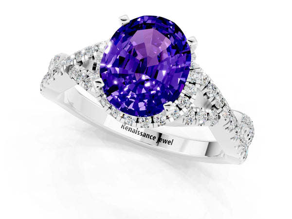 White gold Oval Cut Tanzanite  Halo Twist Band Solitaire Prong Setting Ring