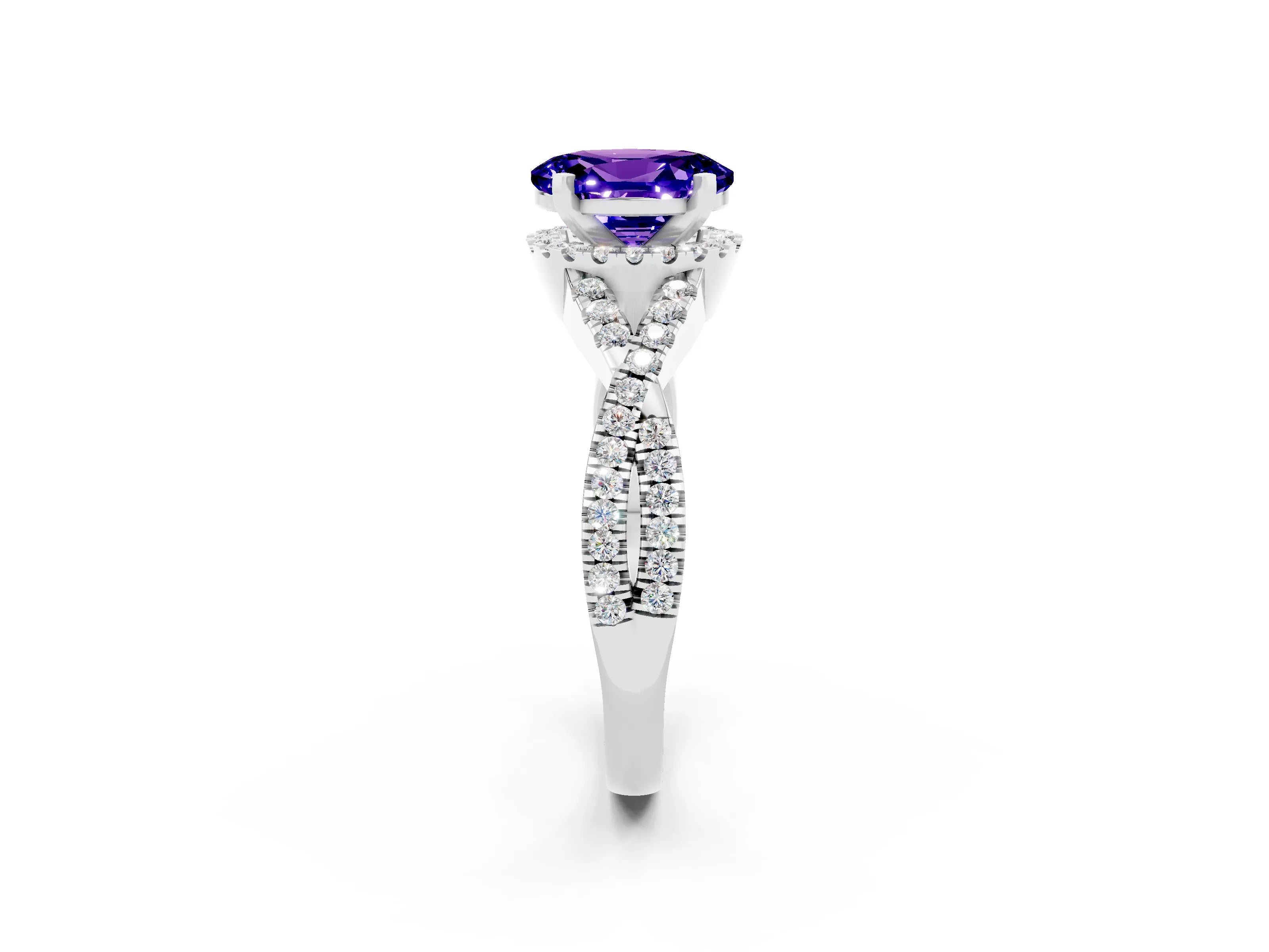 White gold Oval Cut Tanzanite Halo Twist Band Solitaire Prong Setting Ring_2