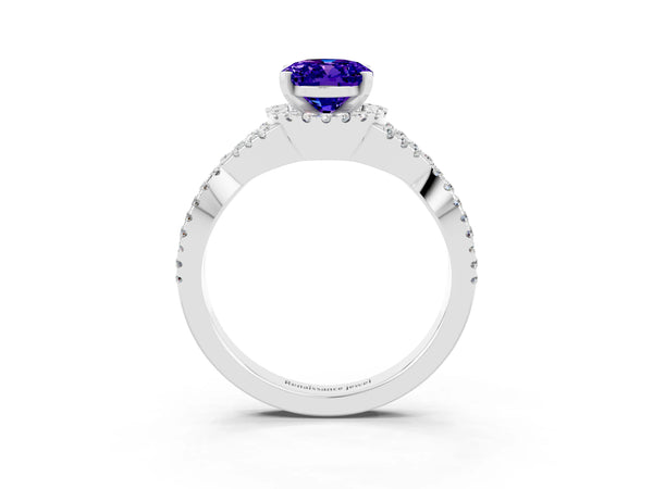 White gold Oval Cut Tanzanite  Halo Twist Band Solitaire Prong Setting Ring