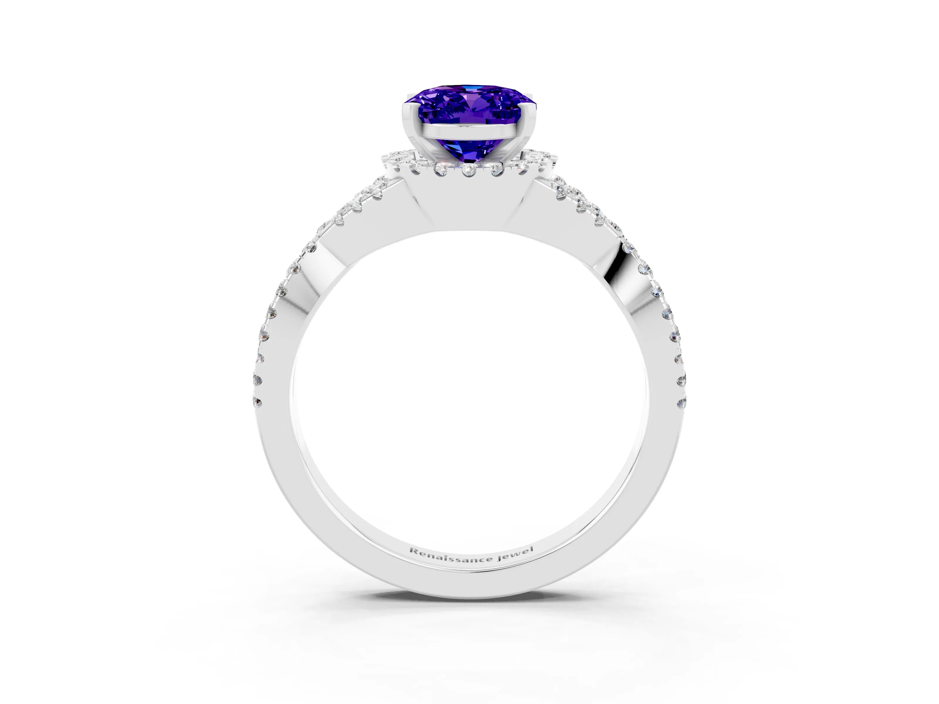 White gold Oval Cut Tanzanite Halo Twist Band Solitaire Prong Setting Ring_3
