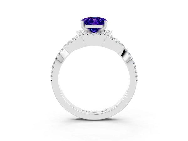 White gold Oval Cut Tanzanite  Halo Twist Band Solitaire Prong Setting Ring