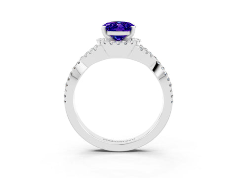 White gold Oval Cut Tanzanite Halo Twist Band Solitaire Prong Setting Ring_3