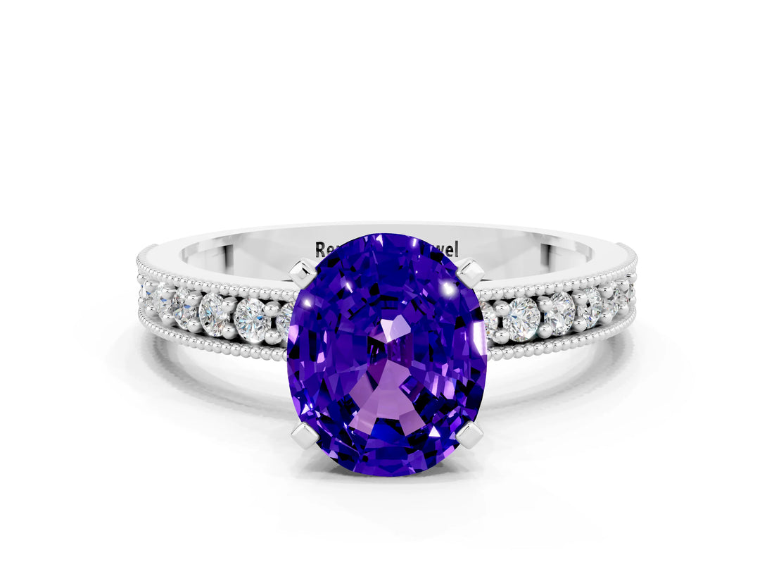 White gold Oval Cut Tanzanite Milgrain Pavé Engagement Ring with Four-Prong Setting_24
