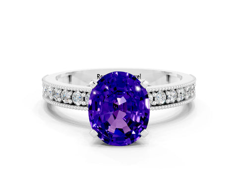 White gold Oval Cut Tanzanite Milgrain Pavé Engagement Ring with Four-Prong Setting_24
