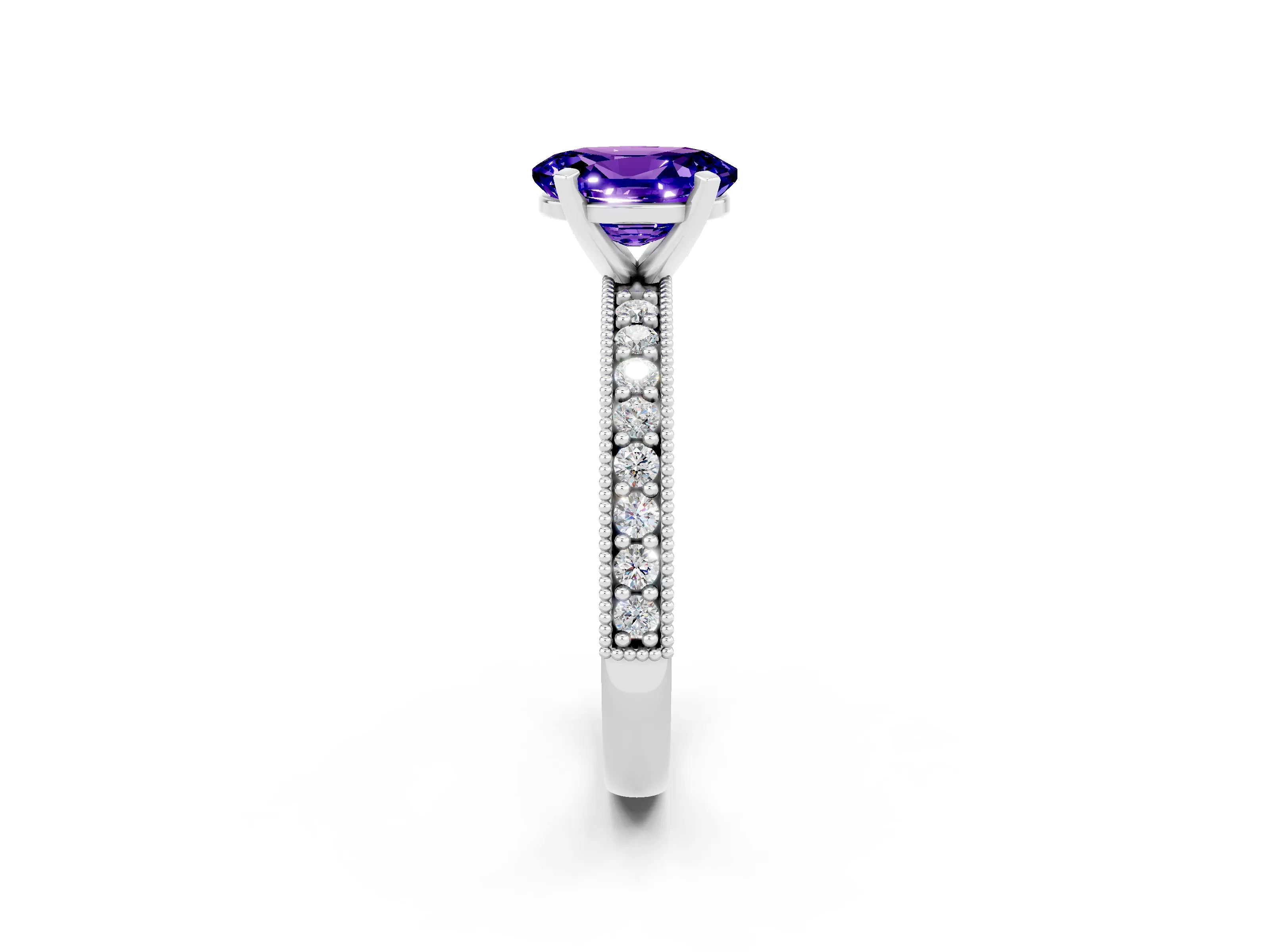 White gold Oval Cut Tanzanite Milgrain Pavé Engagement Ring with Four-Prong Setting_26