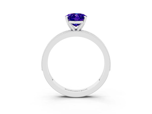 Silver Oval Cut Tanzanite Milgrain Pavé Engagement Ring with Four-Prong Setting
