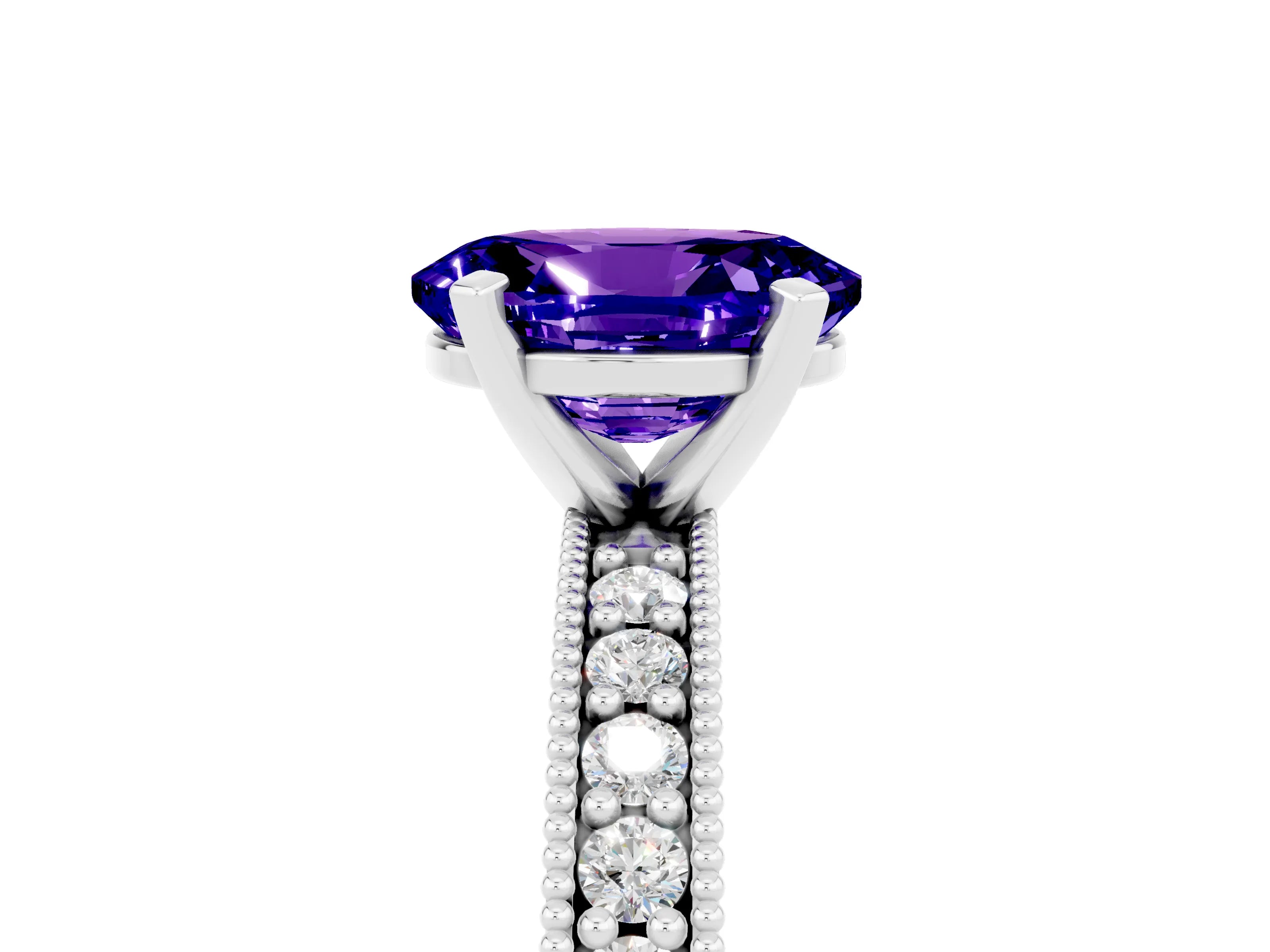 White gold Oval Cut Tanzanite Milgrain Pavé Engagement Ring with Four-Prong Setting_29