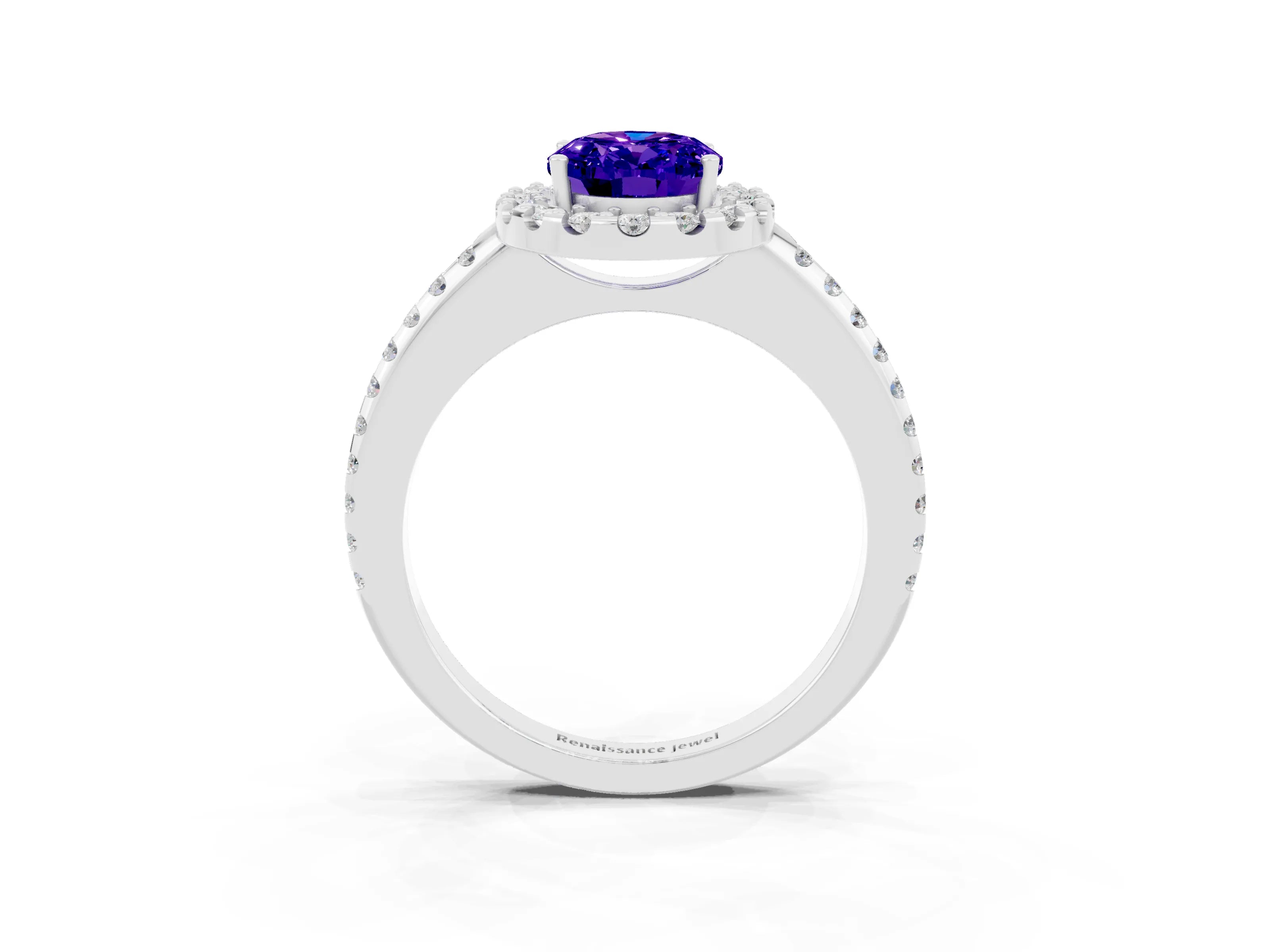 White gold Oval Cut Tanzanite Pavé Halo Ring with Four-Prong Setting_36