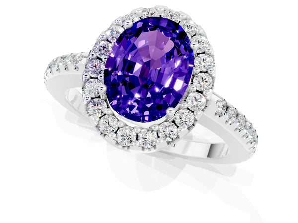 Platinum Oval Cut Tanzanite Pavé Halo Ring with Four-Prong Setting