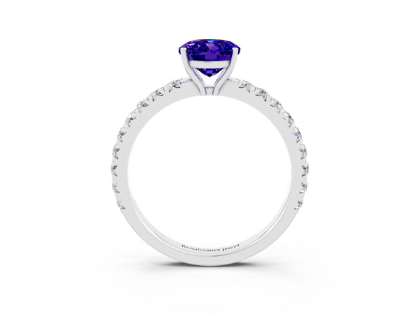 Silver Oval Cut Tanzanite Pavé Solitaire Engagement Ring with Four-Prong Setting