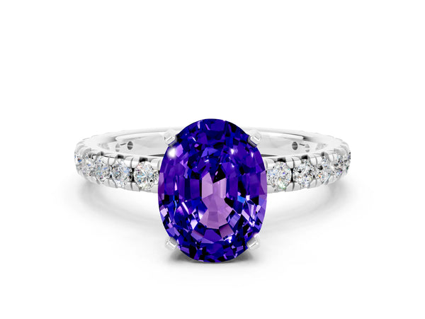 White gold Oval Cut Tanzanite Pavé Solitaire Ring with Round Band and Prong Setting