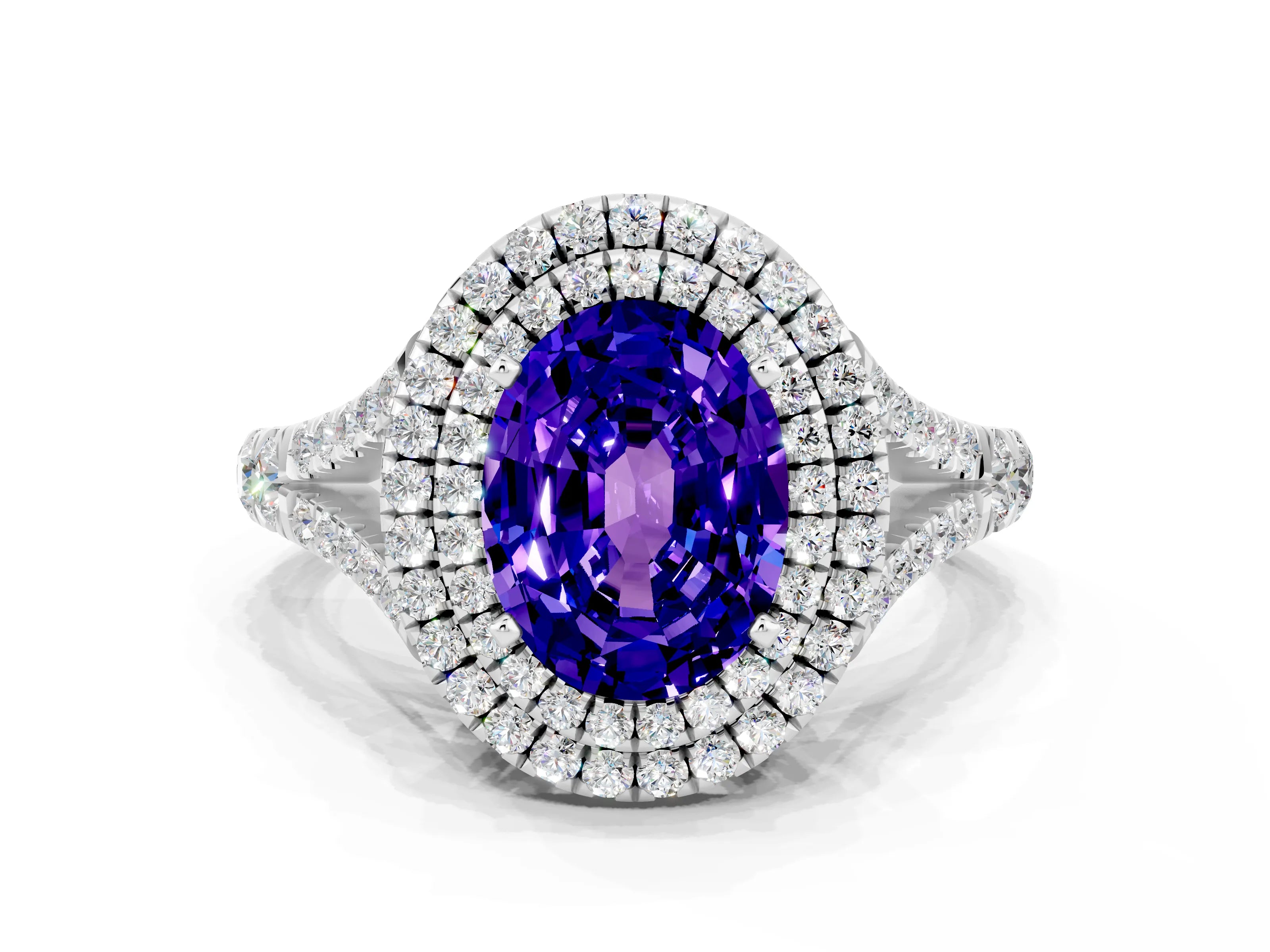White gold Oval Cut Tanzanite Pavé Split Shank Double Halo Engagement Ring