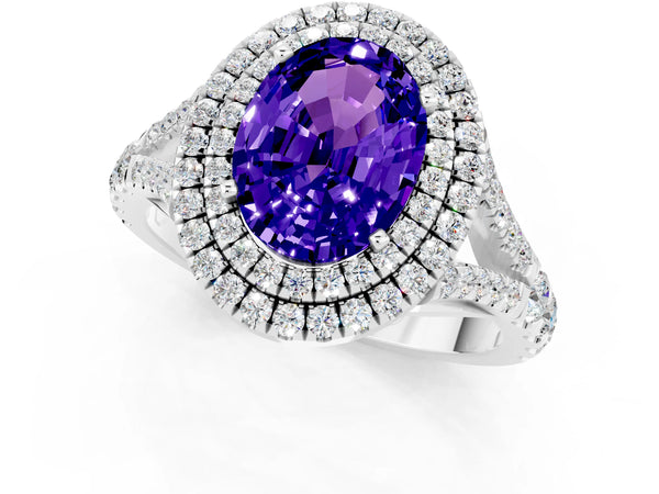 White gold Oval Cut Tanzanite Pavé Split Shank Double Halo Engagement Ring