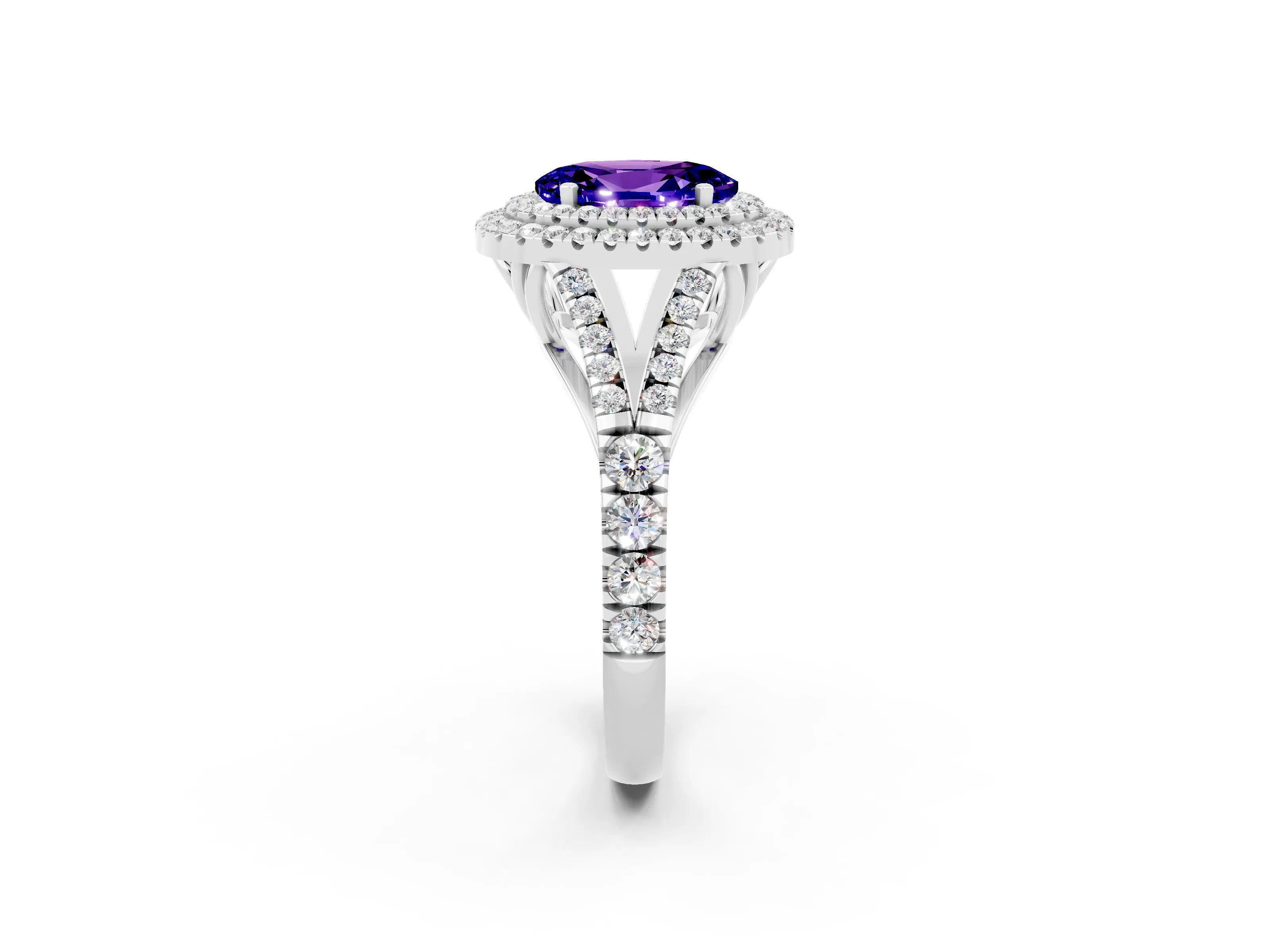 White gold Oval Cut Tanzanite Pavé Split Shank Double Halo Engagement Ring_2
