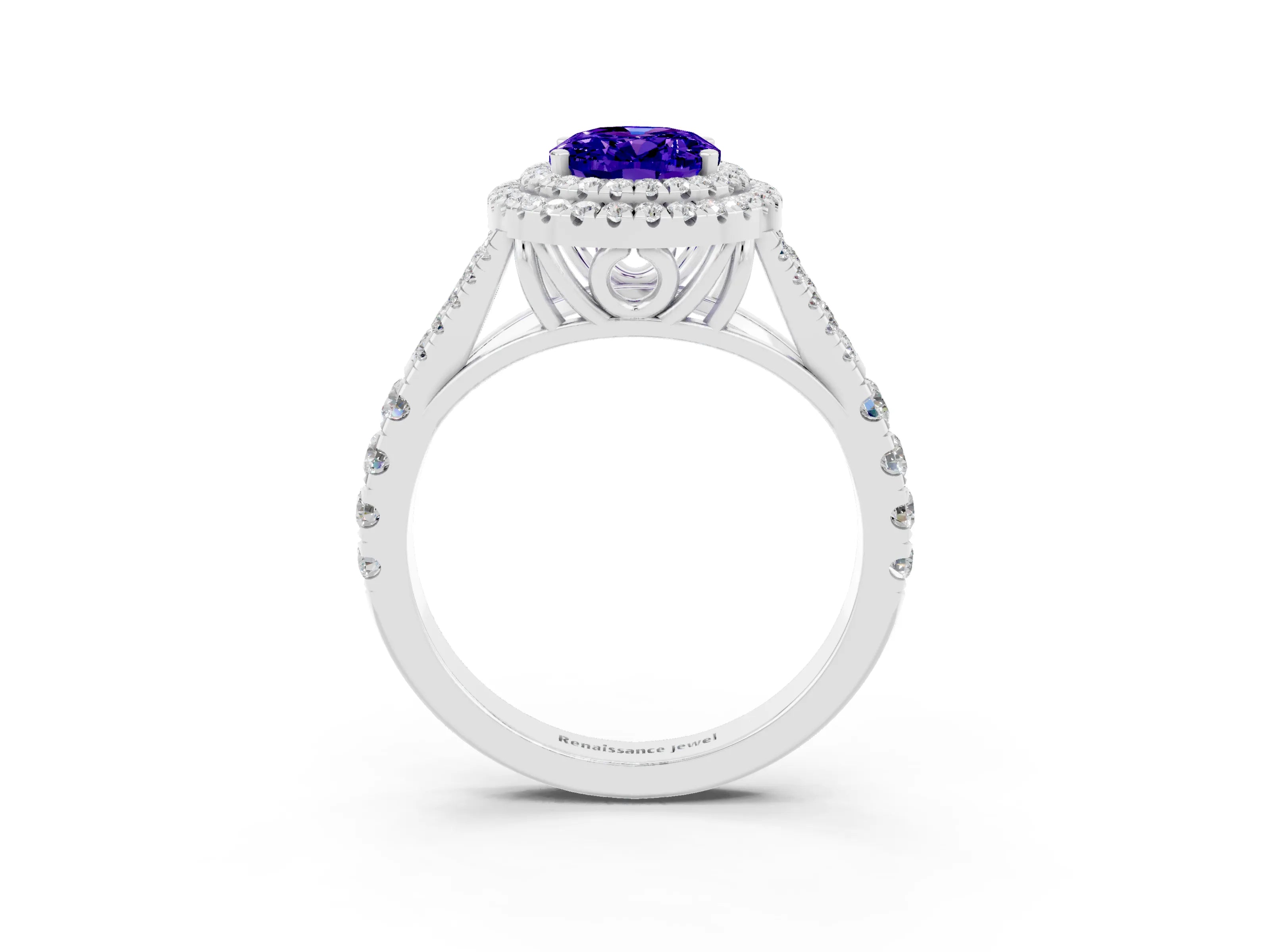 White gold Oval Cut Tanzanite Pavé Split Shank Double Halo Engagement Ring_3