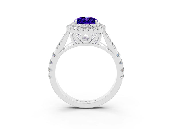 Platinum Oval Cut Tanzanite Pavé Split Shank Double Halo Engagement Ring