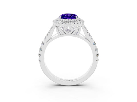 White gold Oval Cut Tanzanite Pavé Split Shank Double Halo Engagement Ring_3