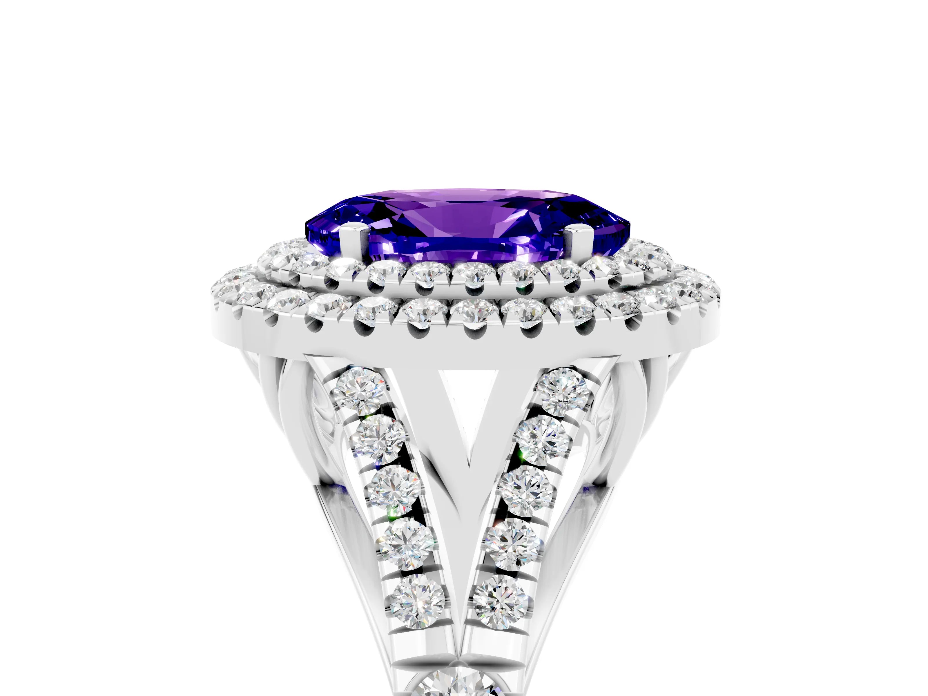 White gold Oval Cut Tanzanite Pavé Split Shank Double Halo Engagement Ring_5