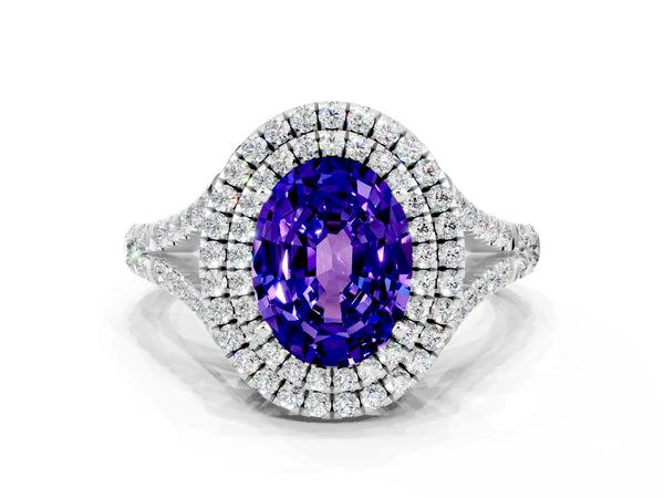 White gold Oval Cut Tanzanite Pavé Split Shank Double Halo Engagement Ring