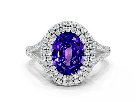 White gold Oval Cut Tanzanite Pavé Split Shank Double Halo Engagement Ring