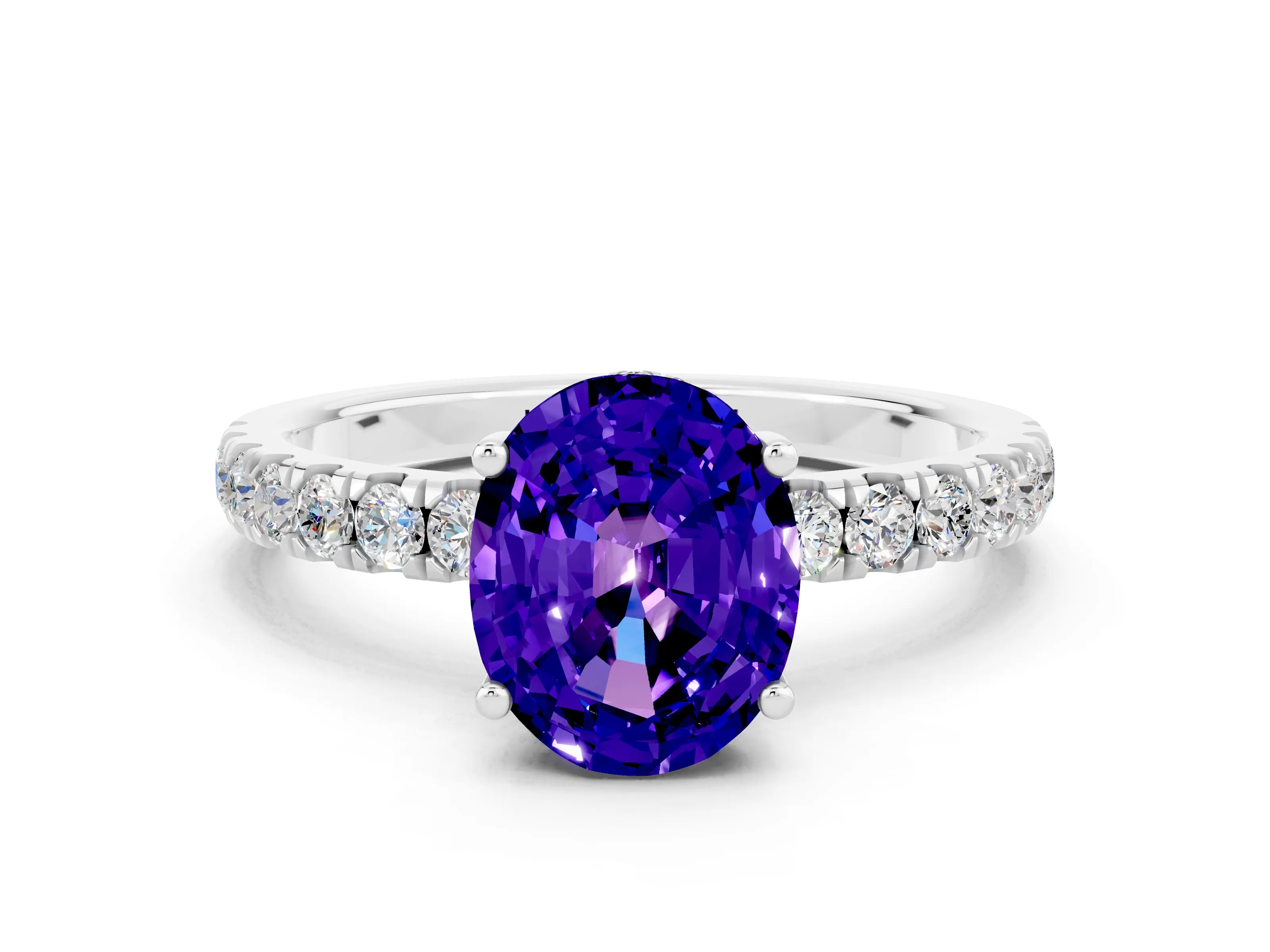 White gold Oval Cut Tanzanite Pave Band Solitaire Ring with Four-Prong Setting_24