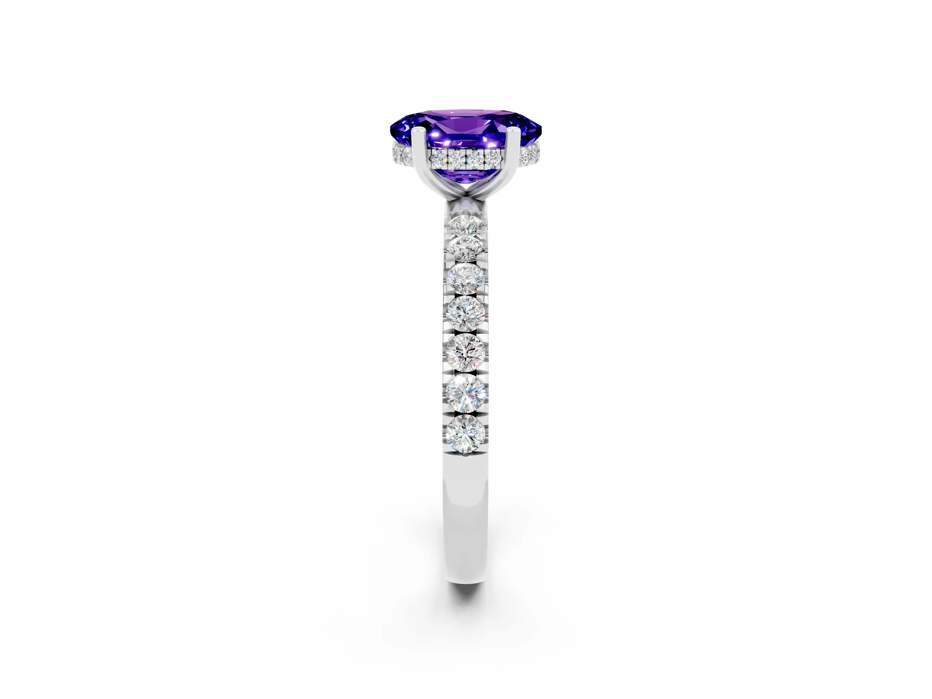 White gold Oval Cut Tanzanite Pave Band Solitaire Ring with Four-Prong Setting_26